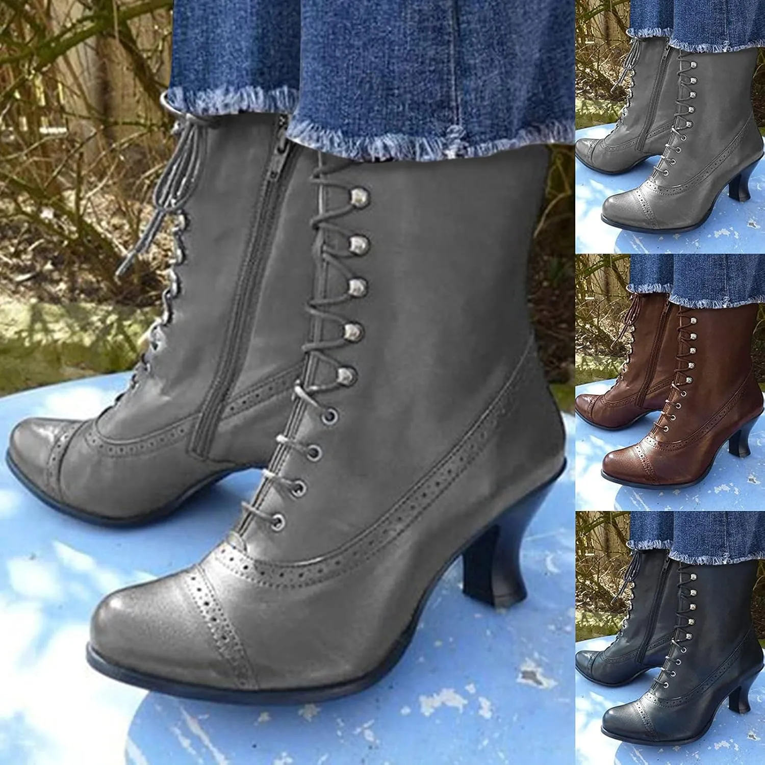 Mid Calf Boots for Women Winter Boots for Women Vintage Mid-Calf Boots Women Shoes High Heels Lace Up Booties Shoes