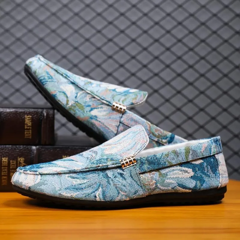 New Men's Loafers Round Toe PU Leather Floral Loafer Shoes Lightweight Comfortable Flexible Wedding Slip-on