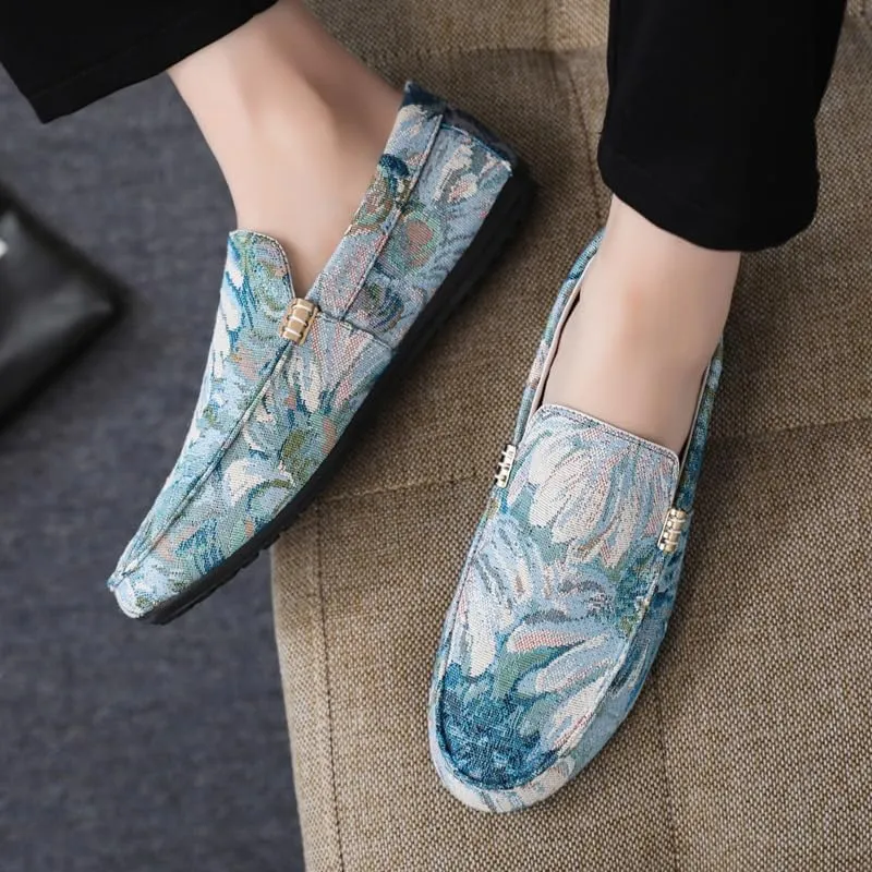 New Men's Loafers Round Toe PU Leather Floral Loafer Shoes Lightweight Comfortable Flexible Wedding Slip-on