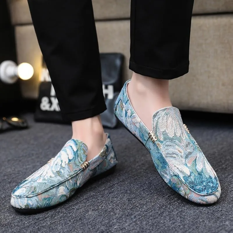 New Men's Loafers Round Toe PU Leather Floral Loafer Shoes Lightweight Comfortable Flexible Wedding Slip-on