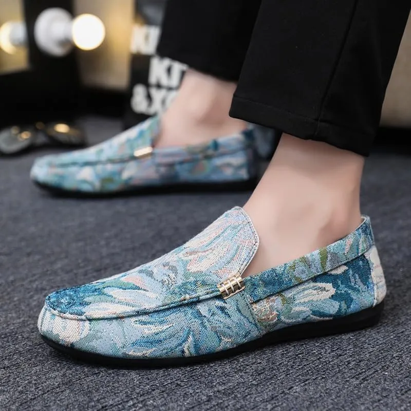 New Men's Loafers Round Toe PU Leather Floral Loafer Shoes Lightweight Comfortable Flexible Wedding Slip-on