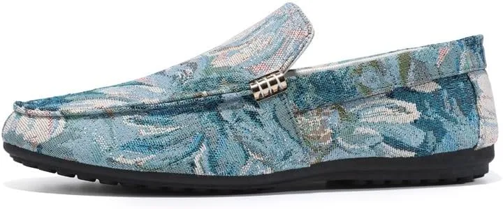 New Men's Loafers Round Toe PU Leather Floral Loafer Shoes Lightweight Comfortable Flexible Wedding Slip-on