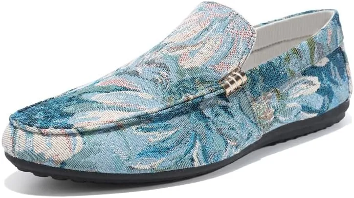 New Men's Loafers Round Toe PU Leather Floral Loafer Shoes Lightweight Comfortable Flexible Wedding Slip-on