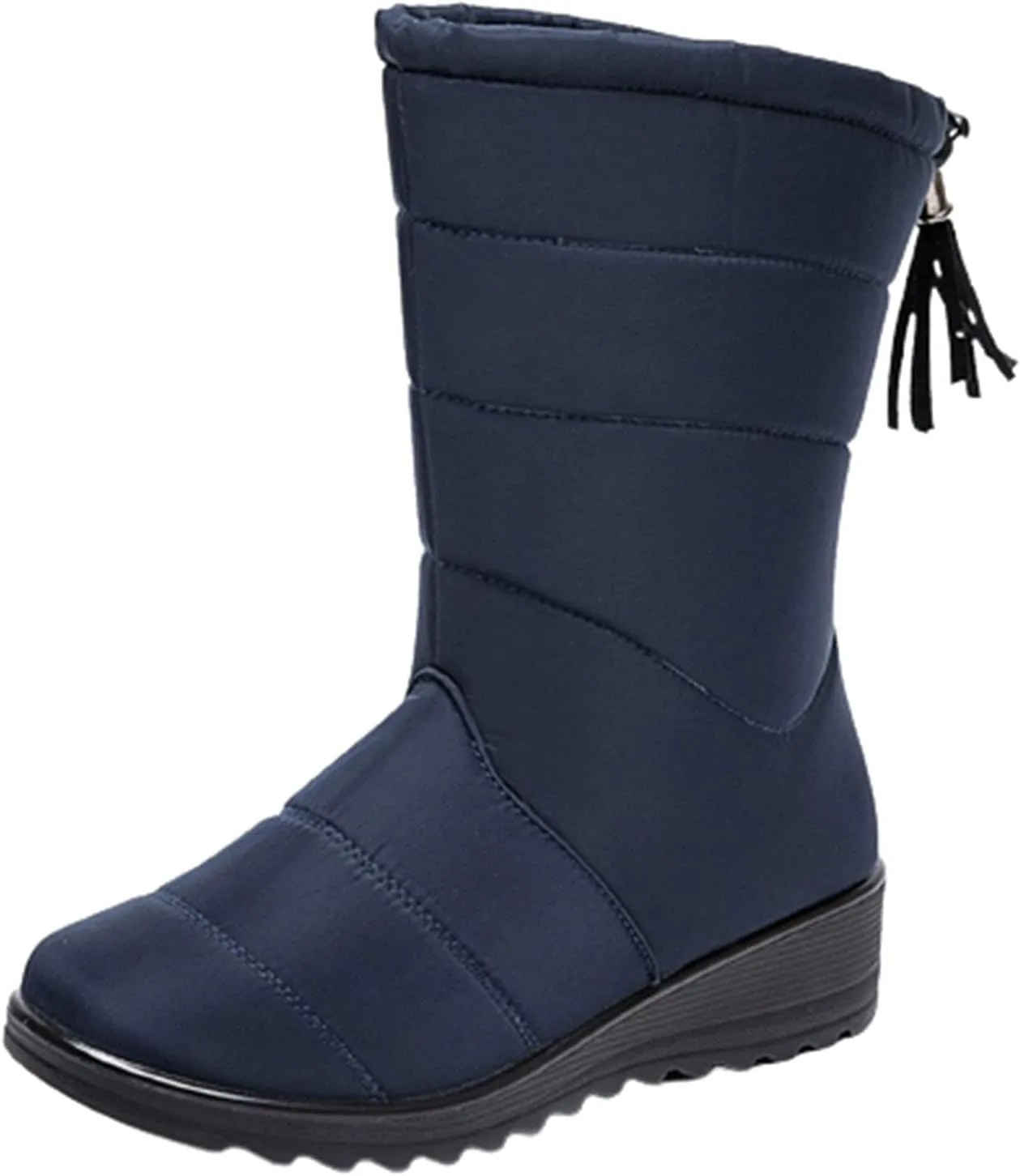oiangi Snow Boots for Women Winter High Tube Fringed Round Toe Warm Waterproof Cloth Mid-Calf Boot Comfortable Stretch Slip-On Wedges Casual Shoes