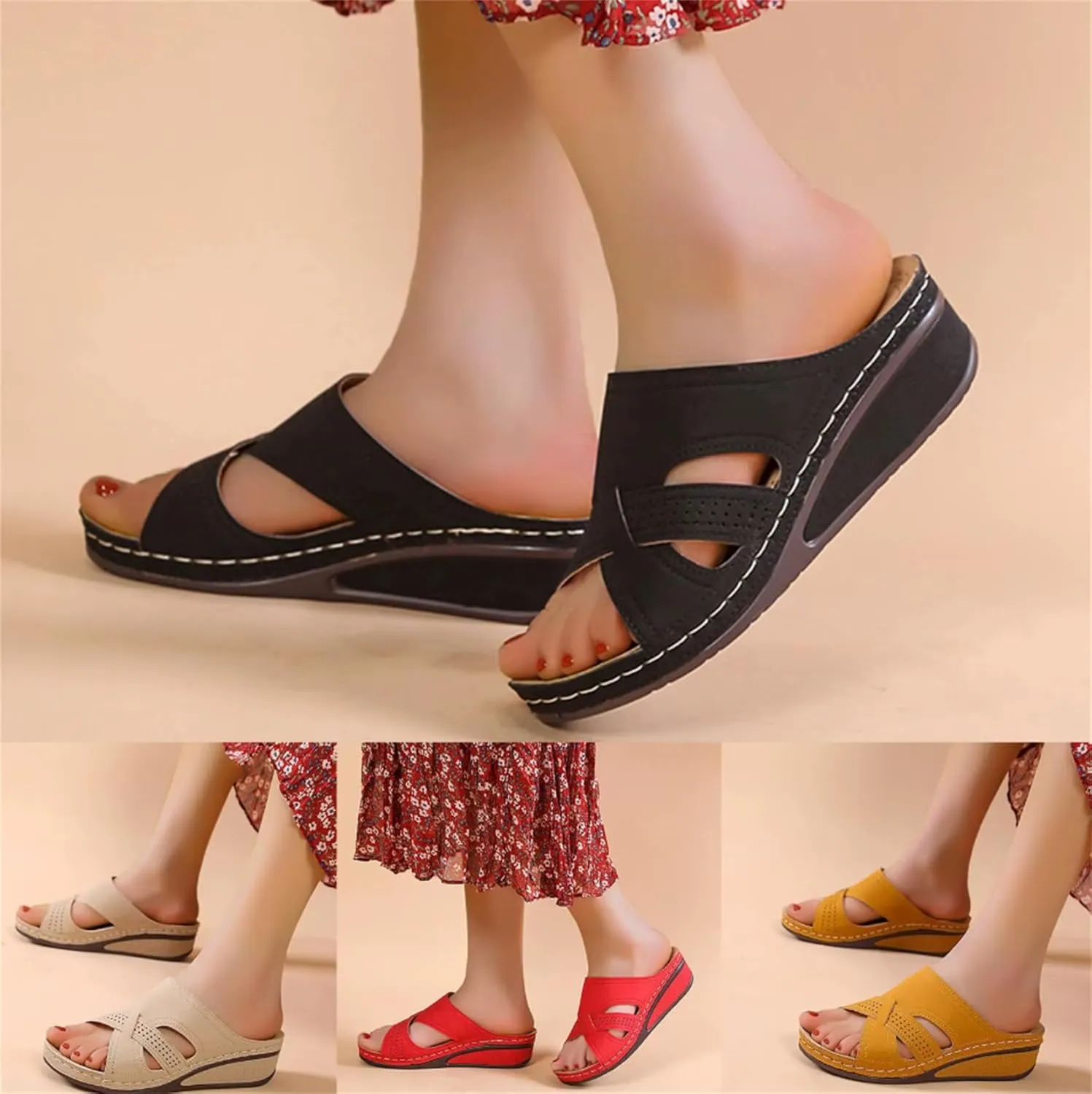 Open Toe Summer Wedge Sandals for Women Espadrille Platform Sandals Slip Casual Shoes Fish Mouth Beach Slides,Yellow,US9/EU41