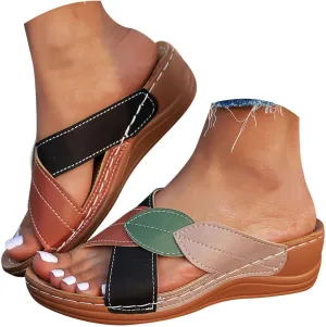Orthopedic Sandals with Arch Support for Women,2025 Contrast Color Slide Sandals,Orthotic Walking Orthopedic Comfortable Lightweight Wedge Slip On Casual Flip Flops Straps Slip-On Leaf Sandal
