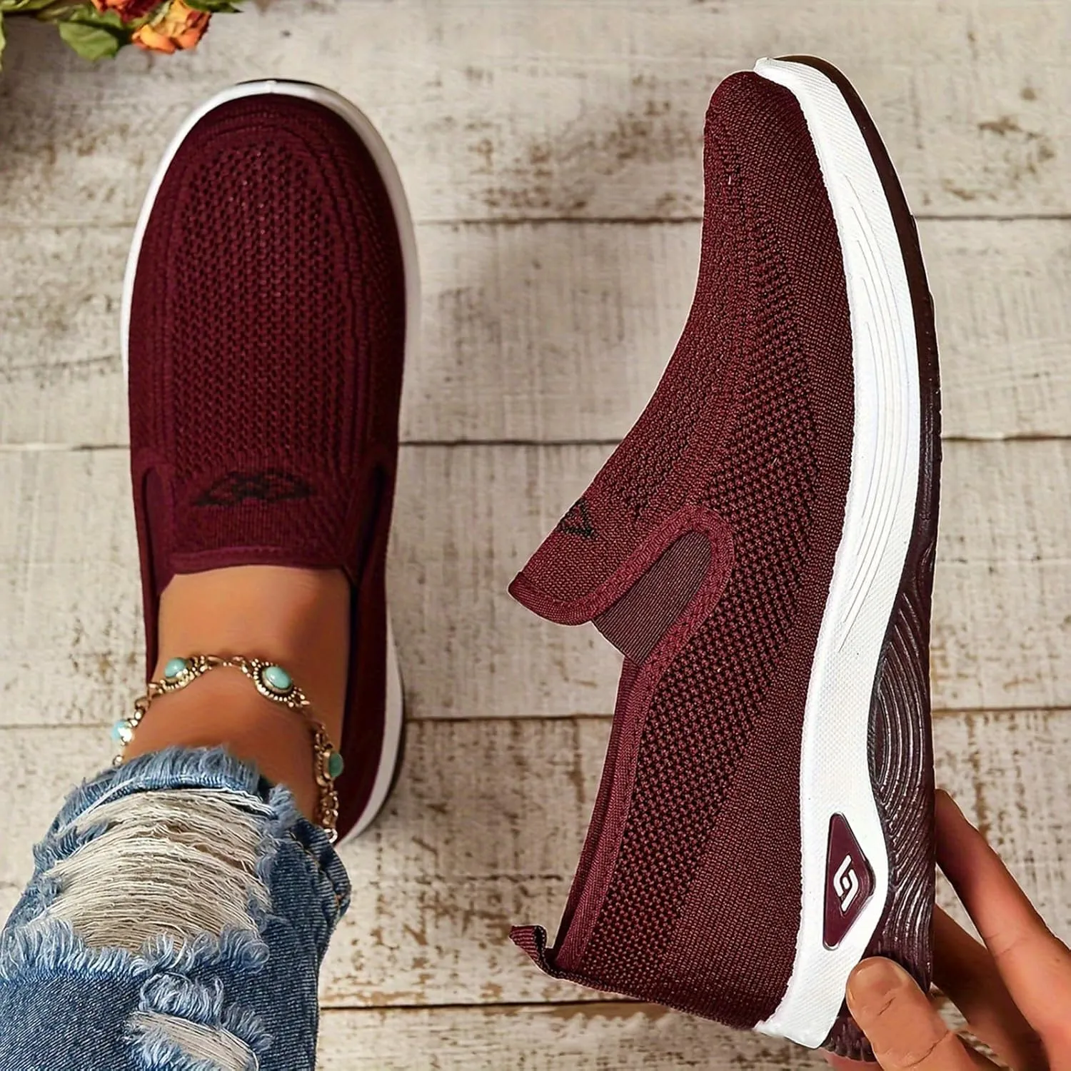 Orthopedic Sneakers for Women Breathable Soft Shoes Go Walk Slip on Shoes Mesh Knitted Woven Low Top Walking Shoe Platform Orthopedic Sneakers