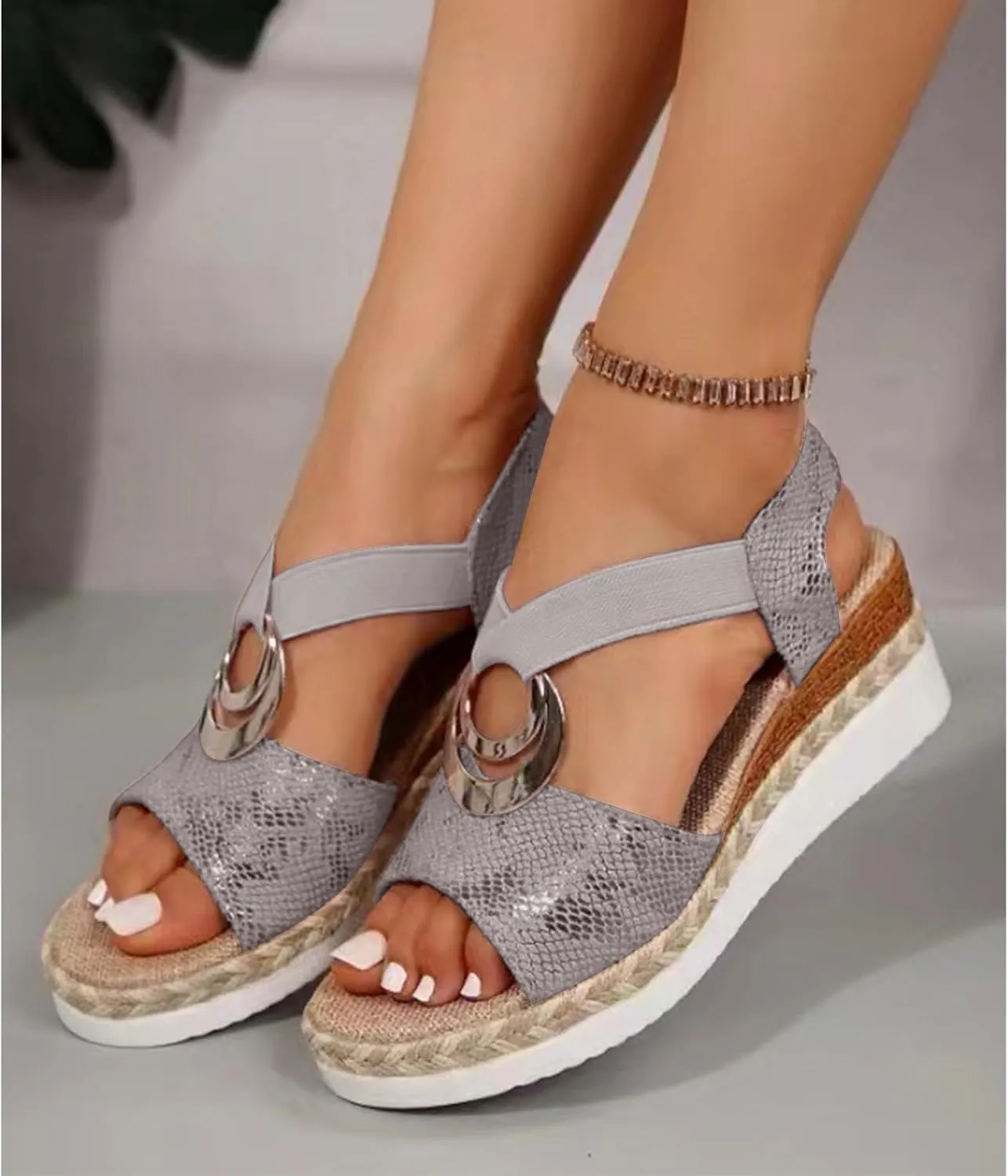 Orthopedic Wedge Sandals for Women Fashion Bohemian Leather Sandals Flat Open Toe Ankle Strap Espadrilles Walking Shoes Summer Lightweight Solid Color Outdoor Shoes Breathable Card Wedge Sneaker