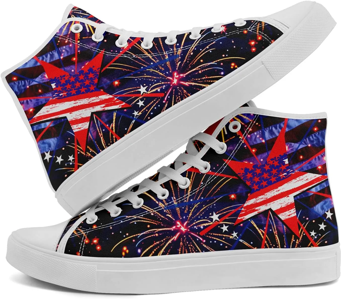 Patriotic Womens Mens Canvas Sneakers American Flag Stars High Top Fashion Tennis Shoes Lace Up Casual Walking Shoes