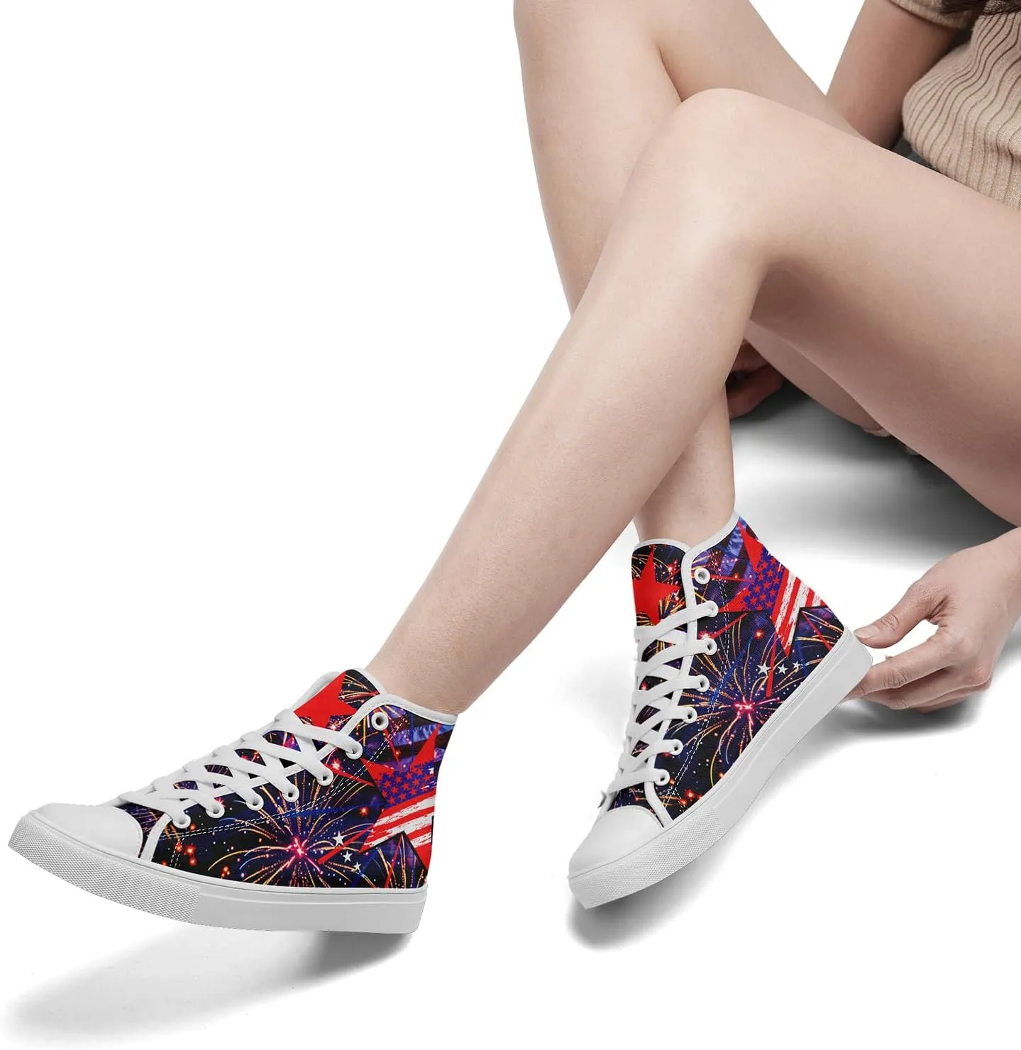 Patriotic Womens Mens Canvas Sneakers American Flag Stars High Top Fashion Tennis Shoes Lace Up Casual Walking Shoes