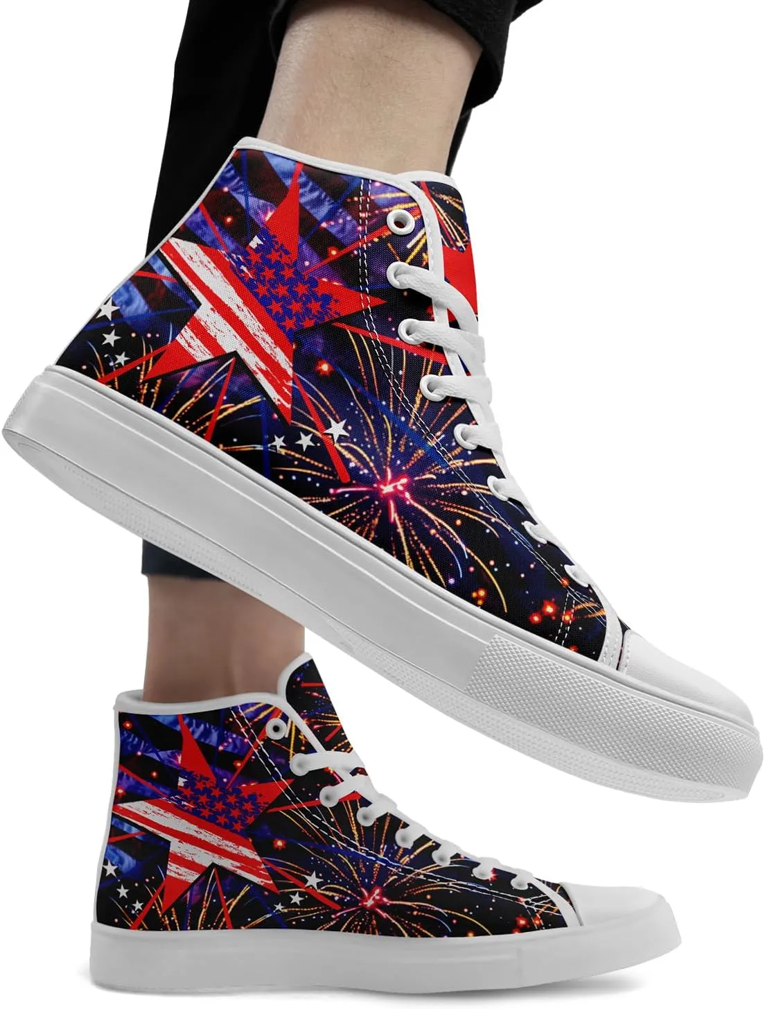Patriotic Womens Mens Canvas Sneakers American Flag Stars High Top Fashion Tennis Shoes Lace Up Casual Walking Shoes