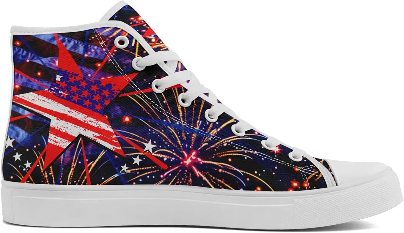 Patriotic Womens Mens Canvas Sneakers American Flag Stars High Top Fashion Tennis Shoes Lace Up Casual Walking Shoes