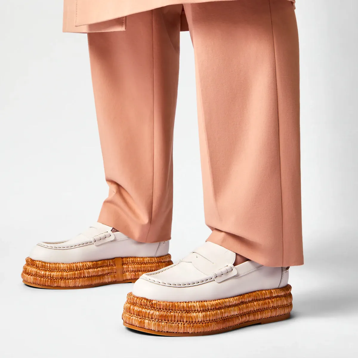Platform Leather Raffia Trim Loafers
