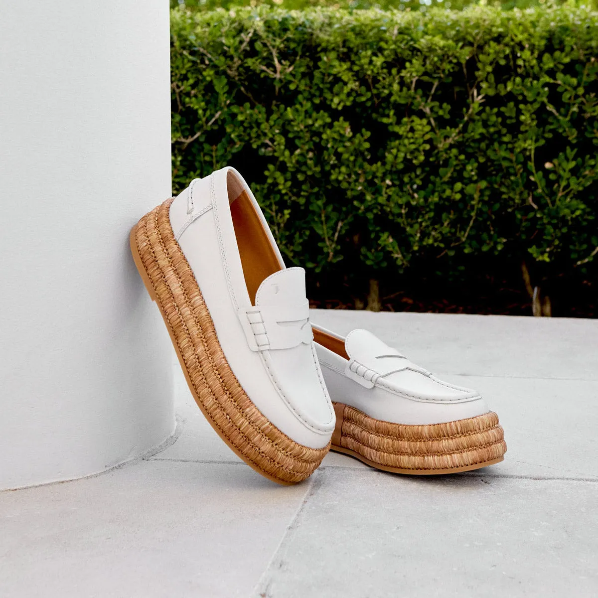 Platform Leather Raffia Trim Loafers