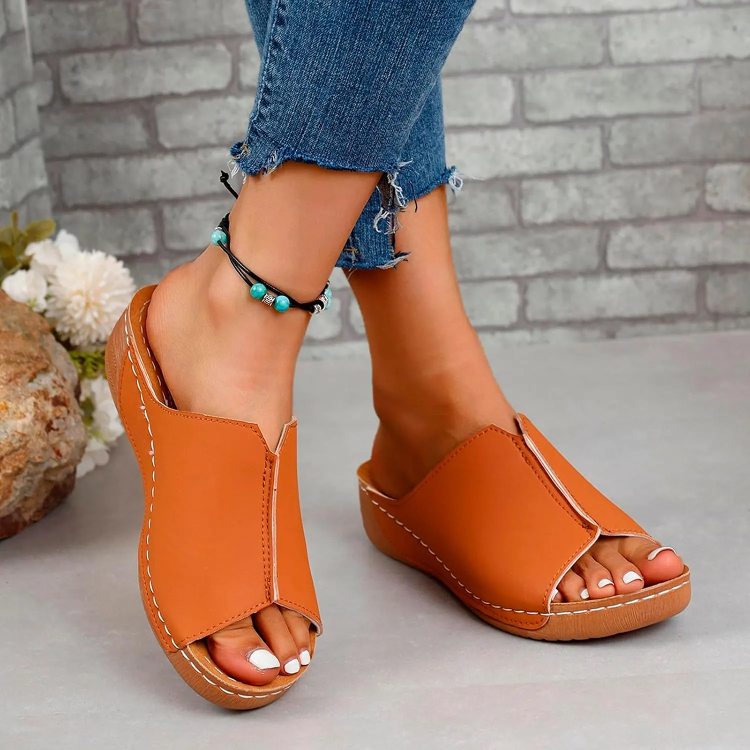 Platform Sandals Women Arch Support Flat Slip on Sandals Lightweight Wide Width Leather Platform Wedge Shoes