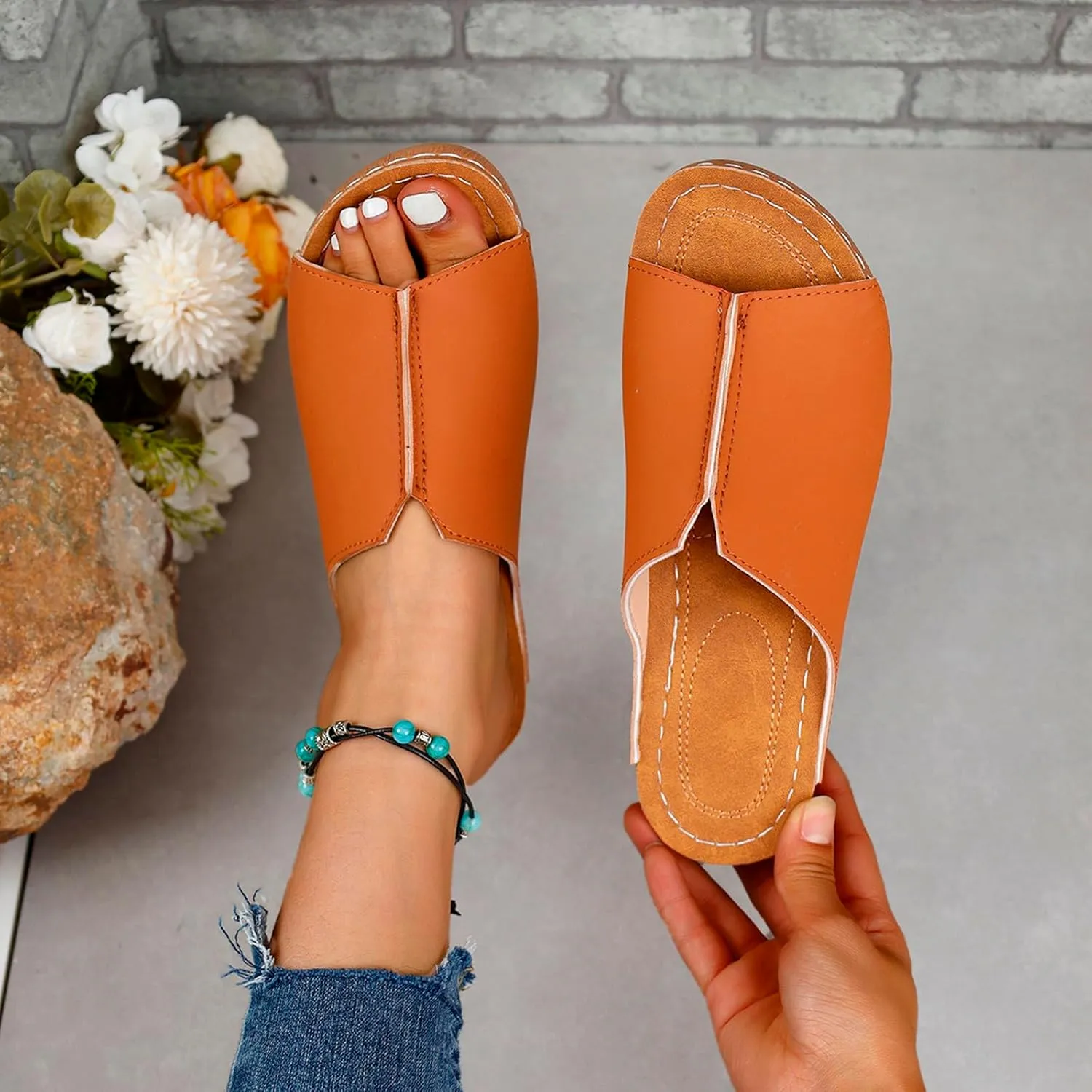Platform Sandals Women Arch Support Flat Slip on Sandals Lightweight Wide Width Leather Platform Wedge Shoes