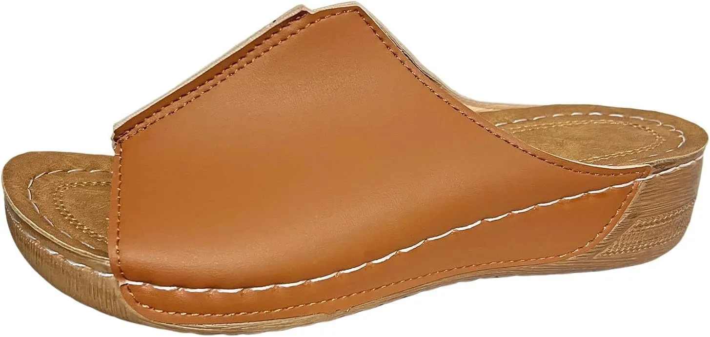 Platform Sandals Women Arch Support Flat Slip on Sandals Lightweight Wide Width Leather Platform Wedge Shoes