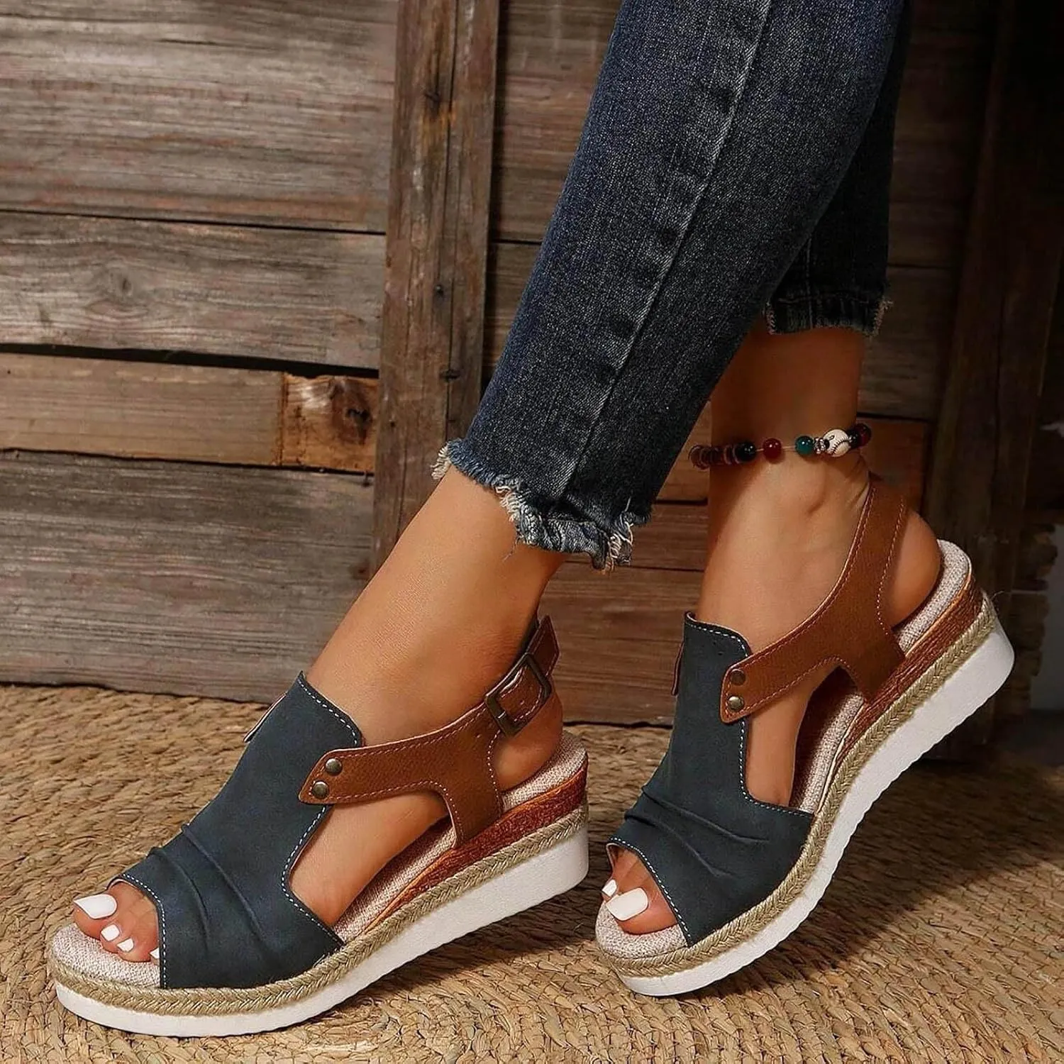 Platform Wedge Sandals for Women Dressy Summer, Womens Open Toe Buckle Ankle Strap Summer Platform Wedge Sandals, Ladies Comfortable Wedding Party Dress Shoe Wide Width Orthopedic Shoes