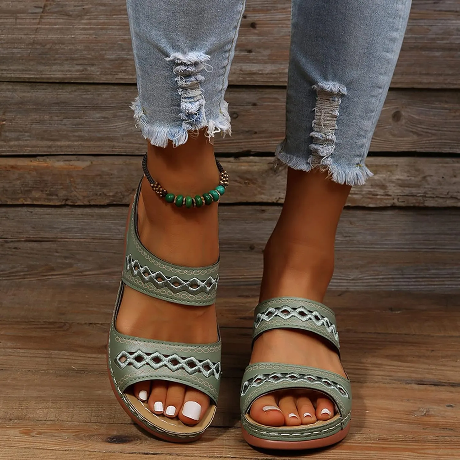 Sandals for Women Low Heel Dressy Sandals with Arch Support Breathable Hollow Hot Summer Casual Shoe