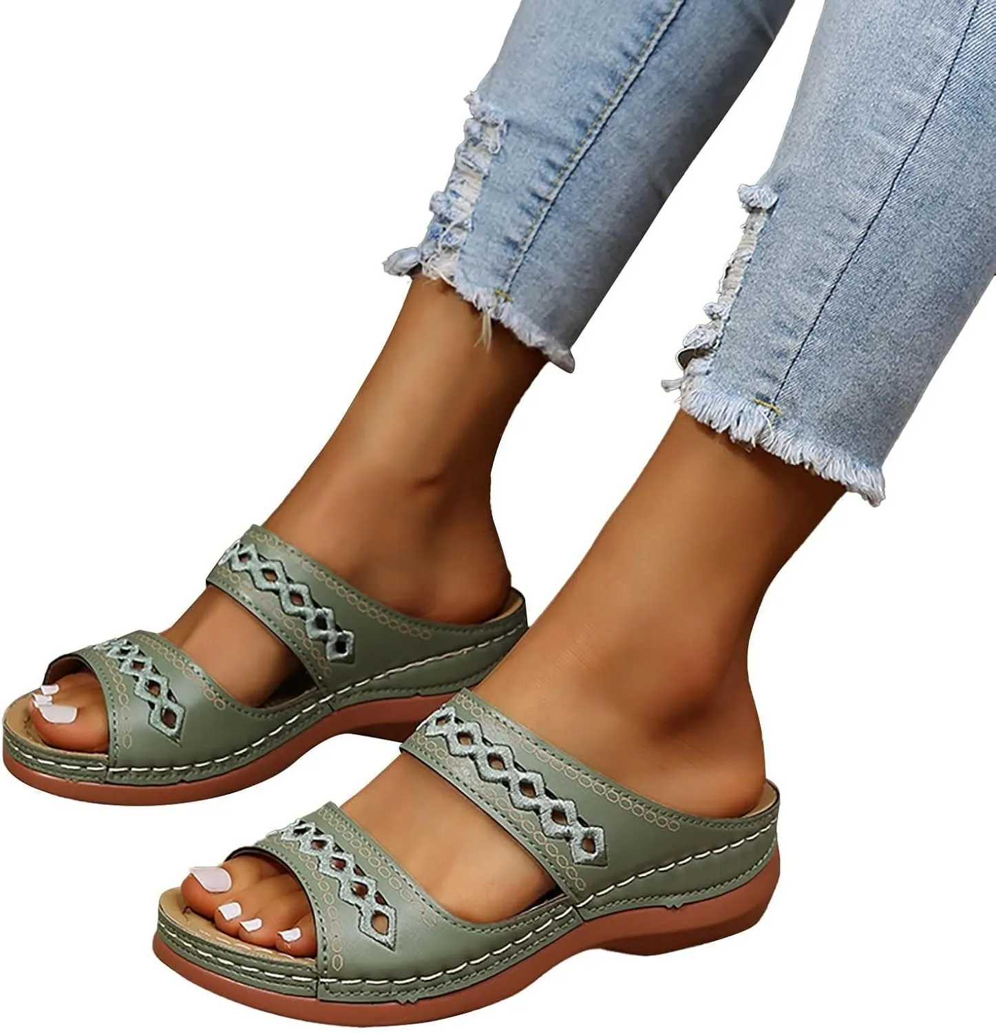 Sandals for Women Summer Comfortable Slip On Walking Wedges Heels Sandals Casual Dressy Open Toe Bohemia Beach Vacation Outdoor Slides Shoes
