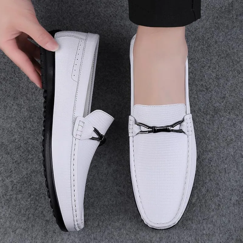 Santimon Men's Leather Loafers Slip on Flat Moccasin Shoes Driving Loafers Casual Bow Tie Snaffles Loafers for Men