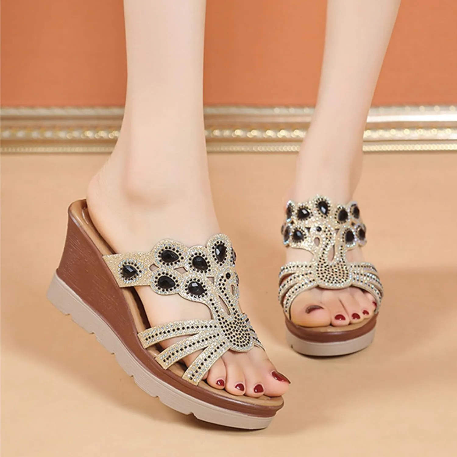 Slip On Wedge Sandals for Women Summer Dressy High Heels Slides Open Toe Platform Slide Sandal Beach Comfortable Wedges Shoe Mules