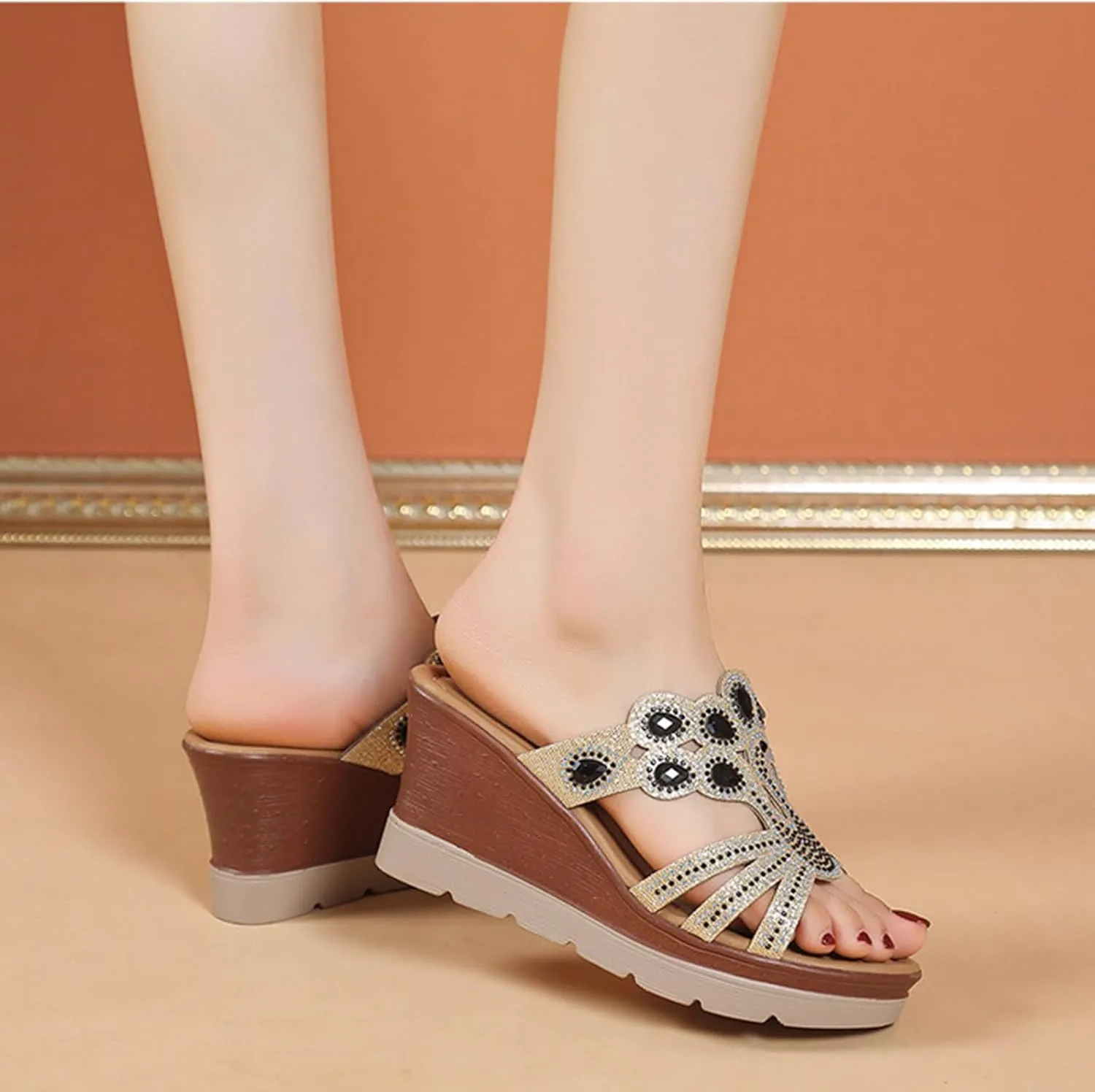 Slip On Wedge Sandals for Women Summer Dressy High Heels Slides Open Toe Platform Slide Sandal Beach Comfortable Wedges Shoe Mules