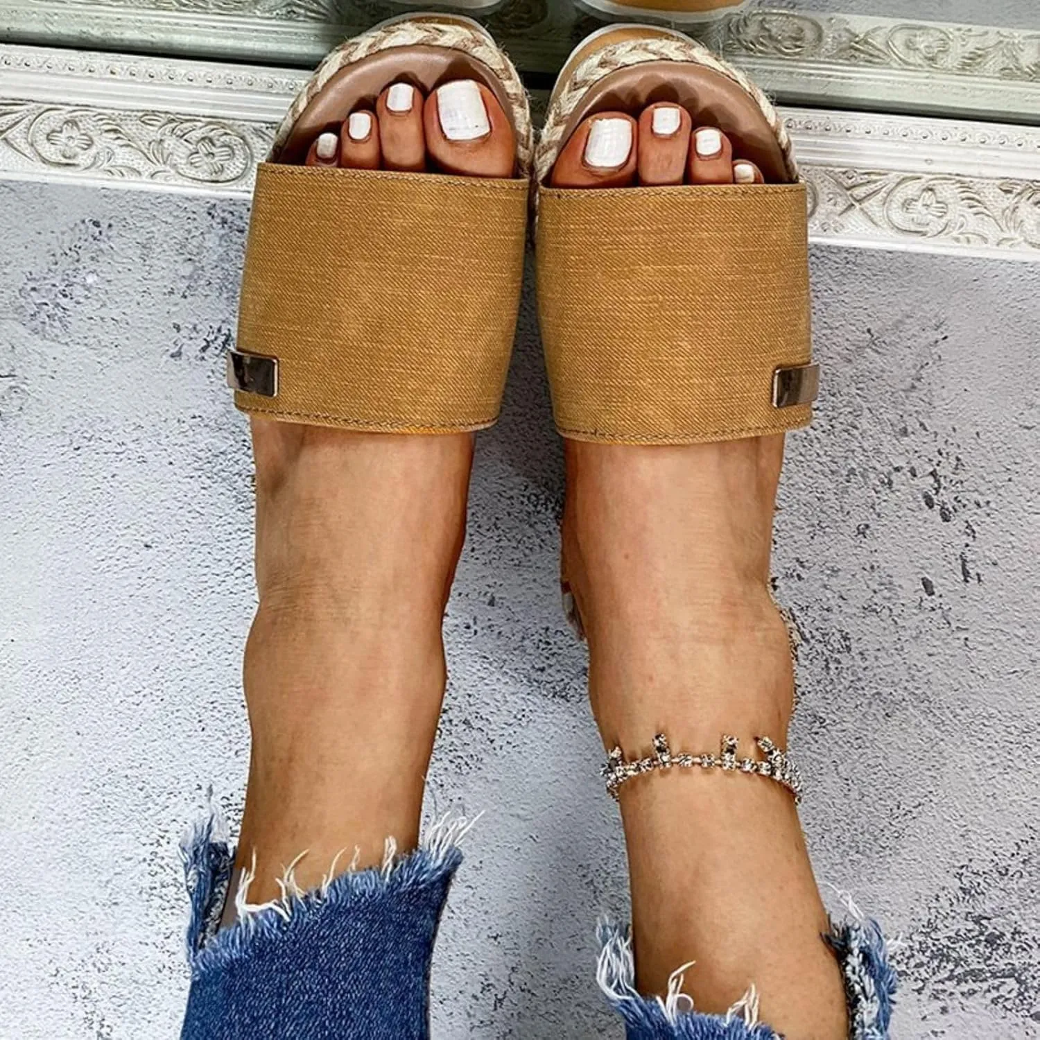 Smoneyful Women's Platform Wedges Sandals High Heels Open Toe Espadrilles Casual Summer Slip on Comfortable Platform Slide Sandals