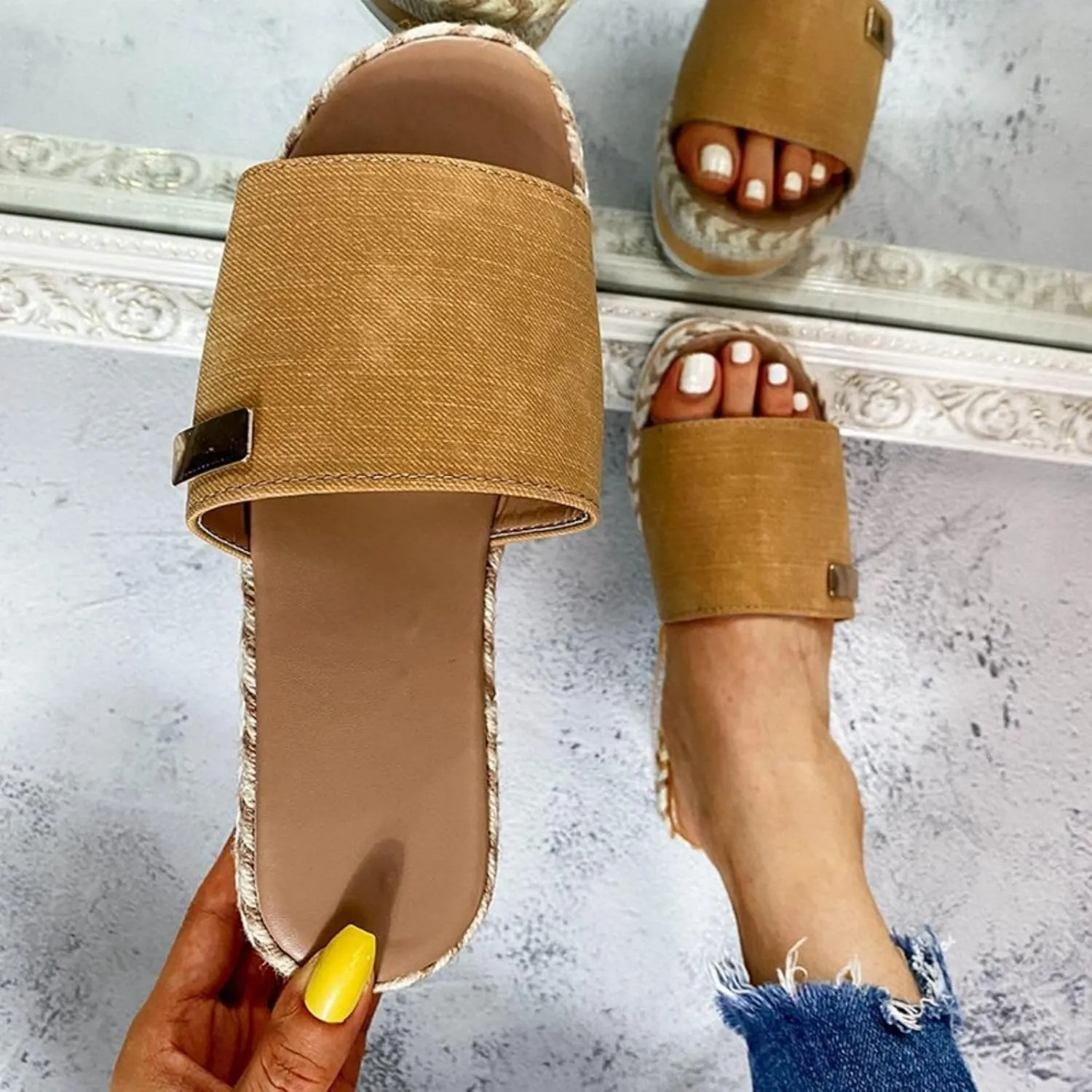 Smoneyful Women's Platform Wedges Sandals High Heels Open Toe Espadrilles Casual Summer Slip on Comfortable Platform Slide Sandals