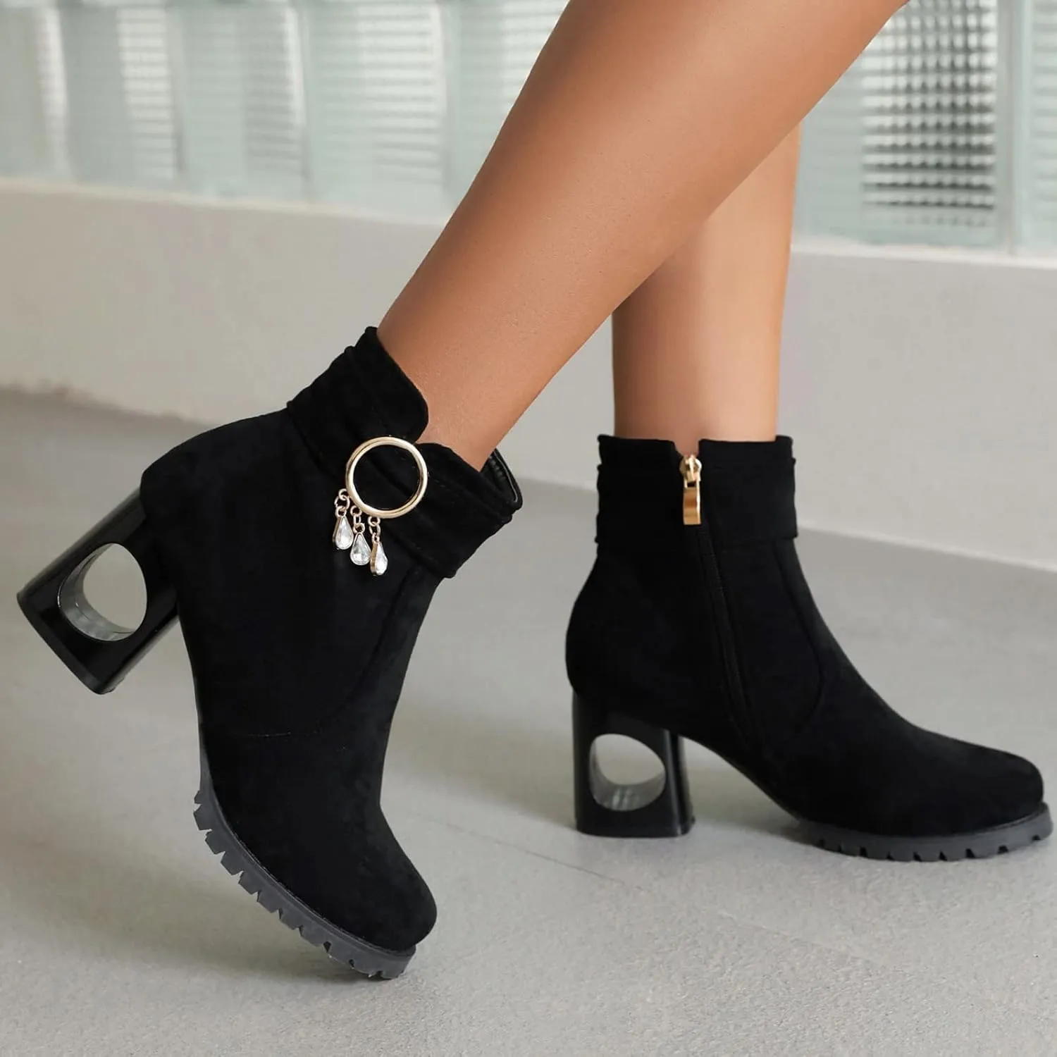 Snow Boots for Women Ankle Womens Booties with Heel Black Womens Cowboy Boots Black Ankle Boot Fashion Casual Comfy Soft Round Toe Suede Stacked Heel