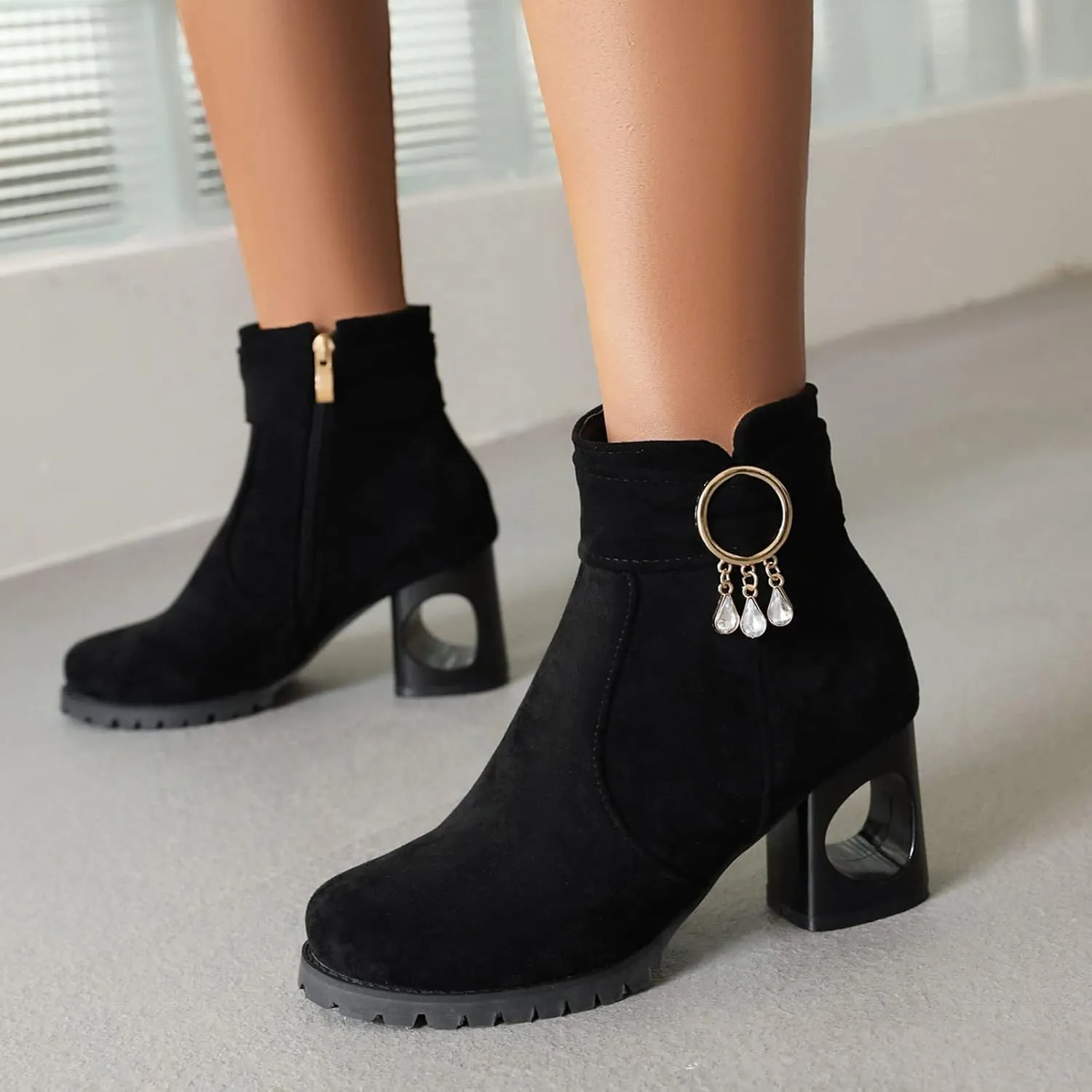 Snow Boots for Women Ankle Womens Booties with Heel Black Womens Cowboy Boots Black Ankle Boot Fashion Casual Comfy Soft Round Toe Suede Stacked Heel