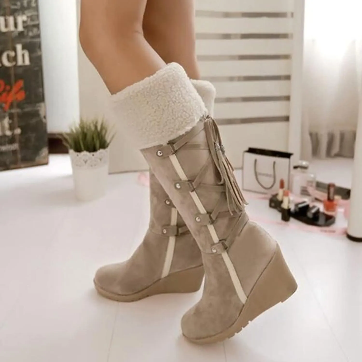 Snow Boots for Women Platform Boots For Women Knee High Fashion Retro Lace Up Long Fuzzy Snow Boots Warm Shoes