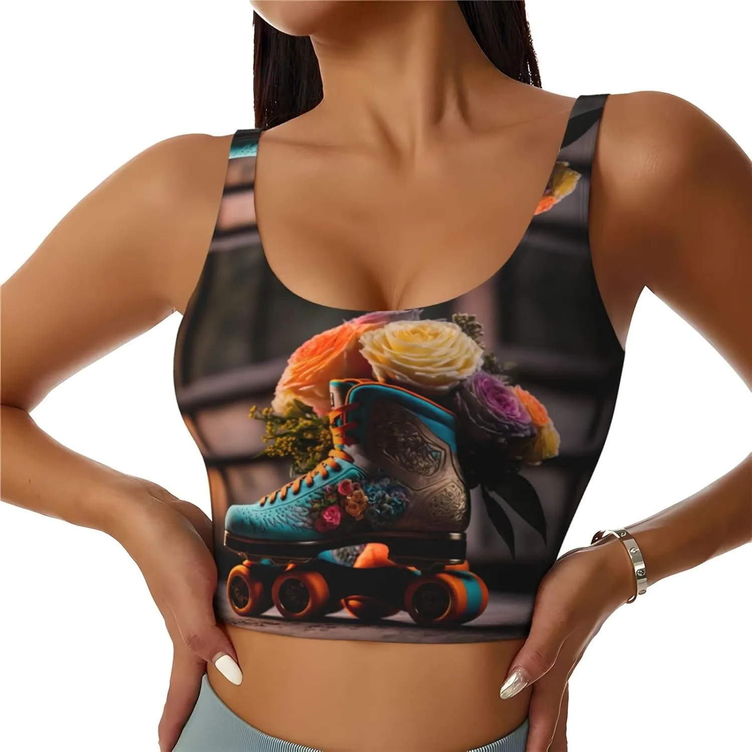 Sports Bras for Women High Support - Classic Floral Blue Skate Shoes Workout Tops for Women, Womens Sports Bras