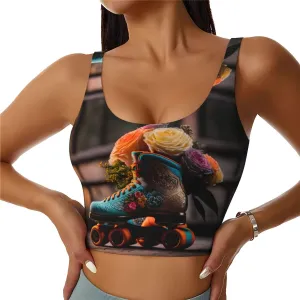 Sports Bras for Women High Support - Classic Floral Blue Skate Shoes Workout Tops for Women, Womens Sports Bras