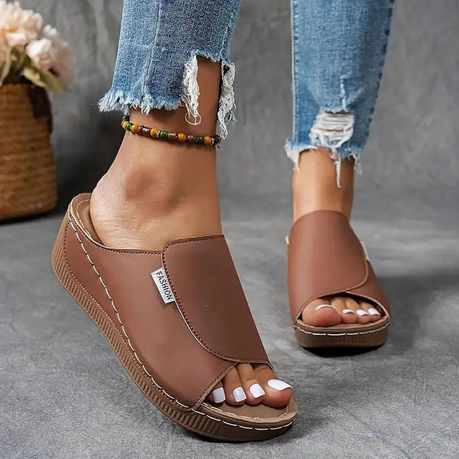 SuanlaTDS Women's Orthopedic Wedge Slide Sandals Platform Arch Support Comfortable Slip On Open Toe High Heels Slide Sandal Casual Summer Shoes Outdoor Elegant Dressy Walking Slippers