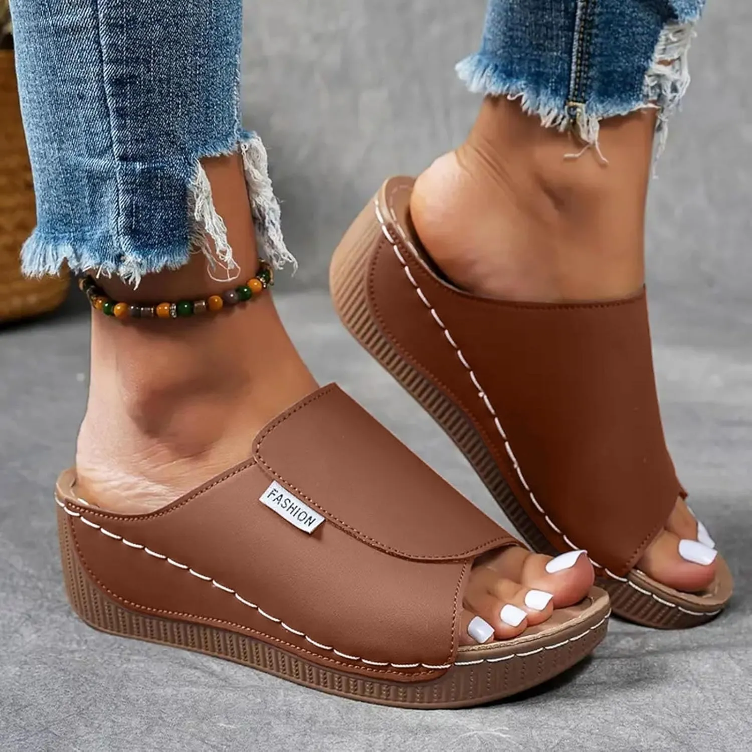 SuanlaTDS Women's Orthopedic Wedge Slide Sandals Platform Arch Support Comfortable Slip On Open Toe High Heels Slide Sandal Casual Summer Shoes Outdoor Elegant Dressy Walking Slippers