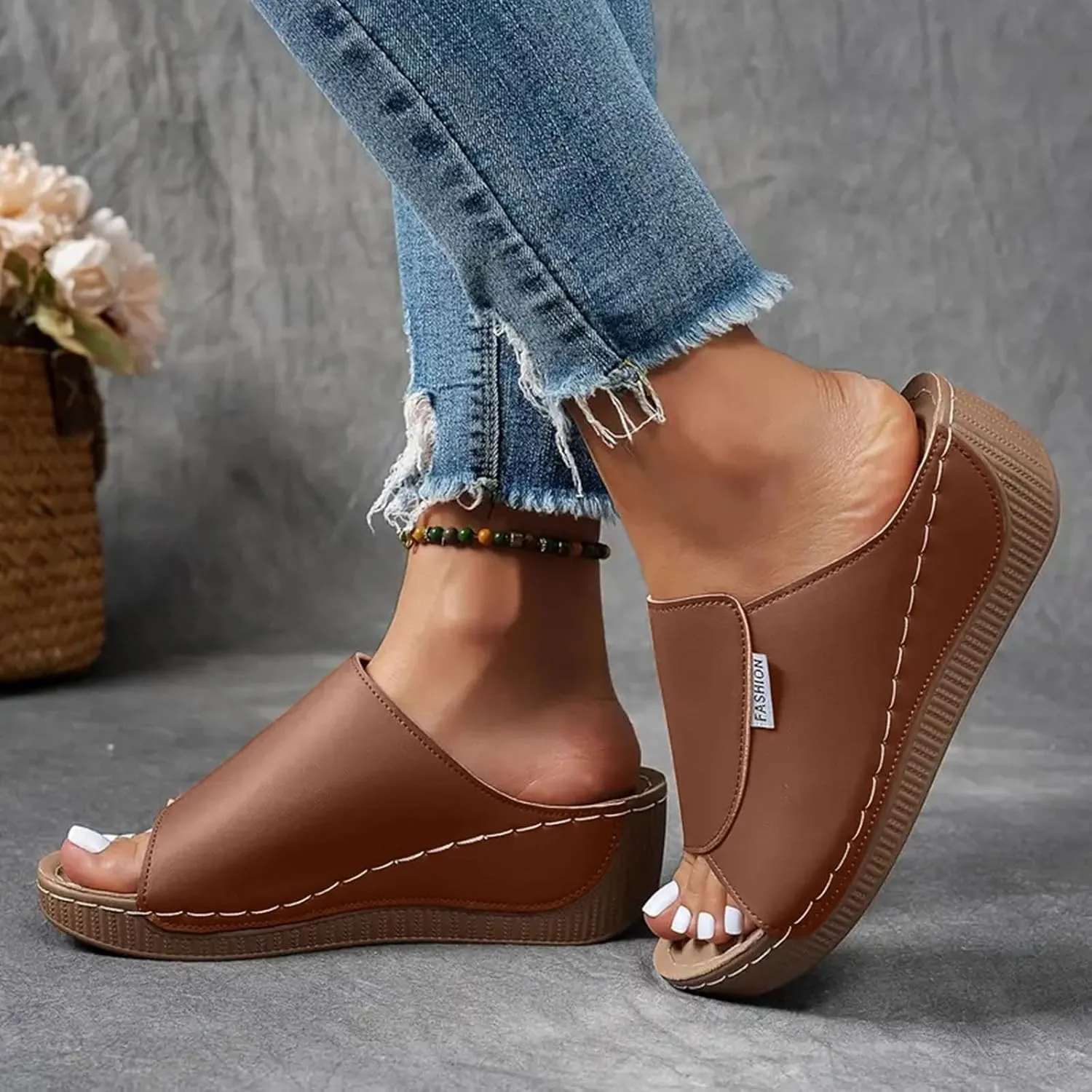 SuanlaTDS Women's Orthopedic Wedge Slide Sandals Platform Arch Support Comfortable Slip On Open Toe High Heels Slide Sandal Casual Summer Shoes Outdoor Elegant Dressy Walking Slippers