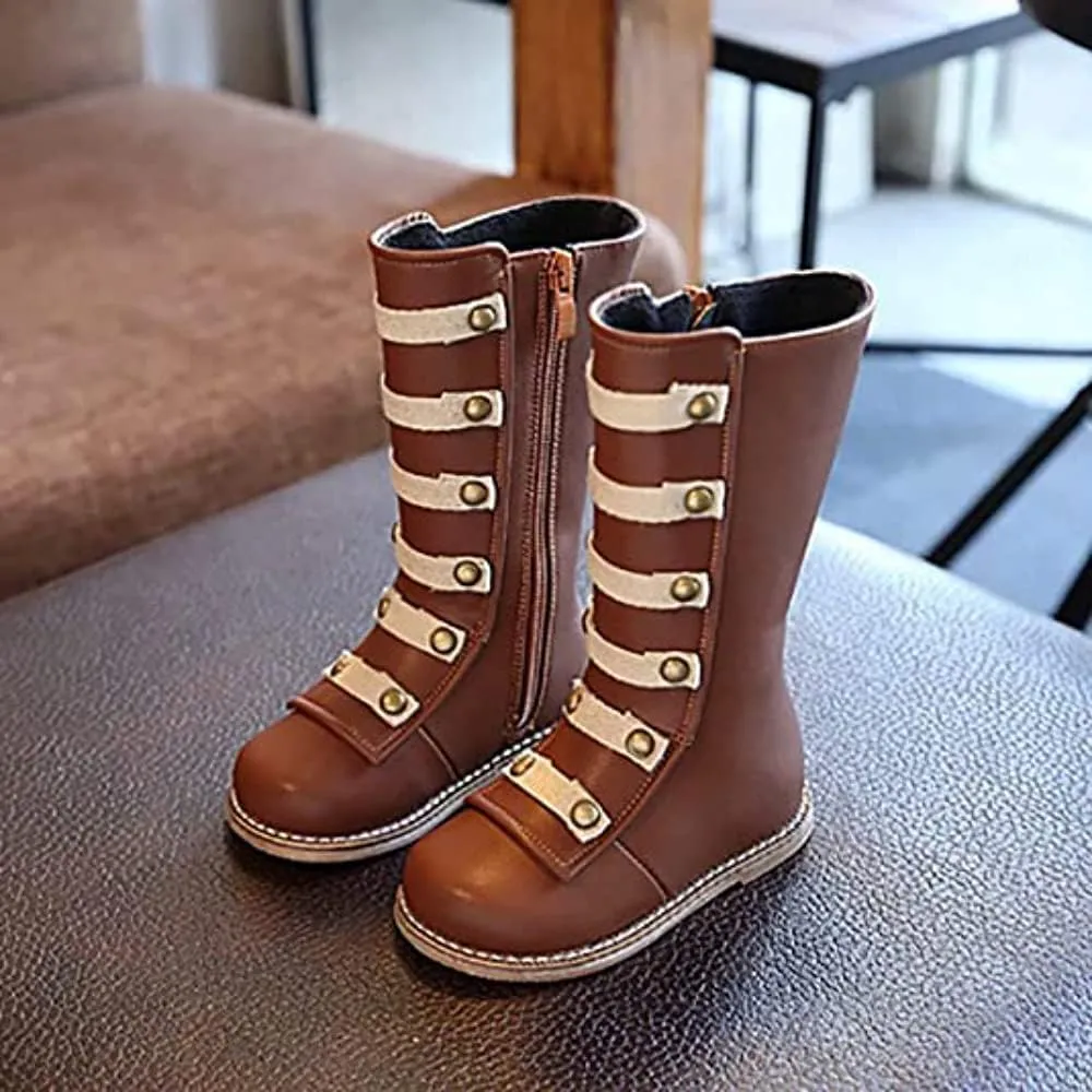 TangDao Little Girls Knee High Flat Riding Boots Shoes Leather Winter Boots Warm Cotton Toddler Boots