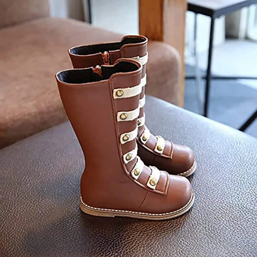 TangDao Little Girls Knee High Flat Riding Boots Shoes Leather Winter Boots Warm Cotton Toddler Boots