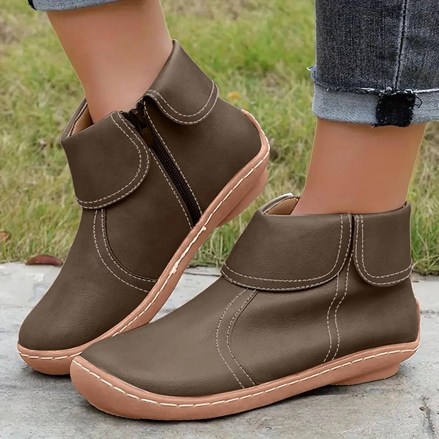 Vintage Women Ankle Boots Leather Platform Boots for Women Wide Calf Casual Fashion Round Toe Side Zipper Booties
