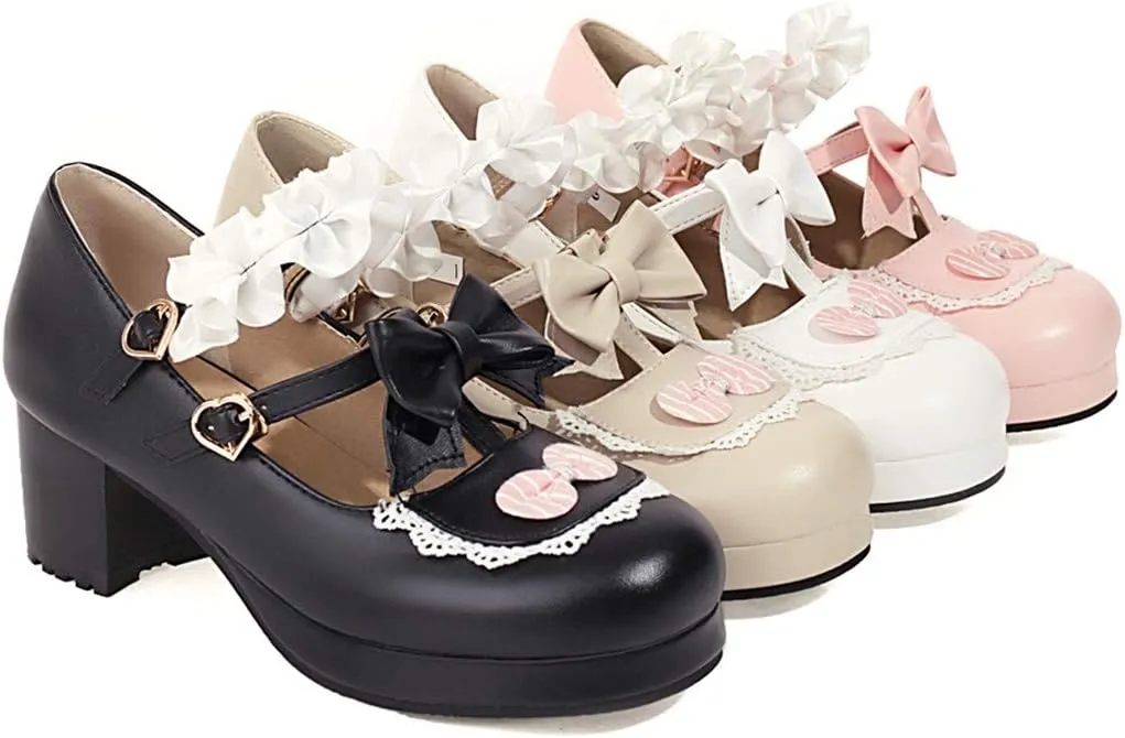 VOKLIN Women's Girls Lolita Mary Jane Shoes Sweet Bow Lace Ankle Strap Platform Mid Heel Oxford Dress Pumps