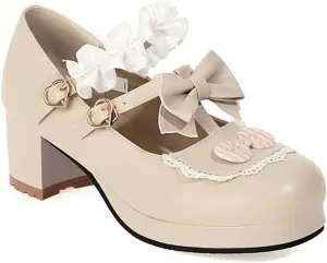 VOKLIN Women's Girls Lolita Mary Jane Shoes Sweet Bow Lace Ankle Strap Platform Mid Heel Oxford Dress Pumps