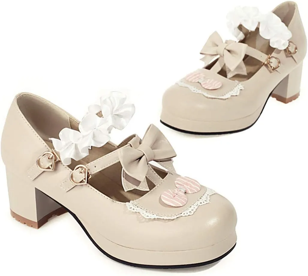 VOKLIN Women's Girls Lolita Mary Jane Shoes Sweet Bow Lace Ankle Strap Platform Mid Heel Oxford Dress Pumps