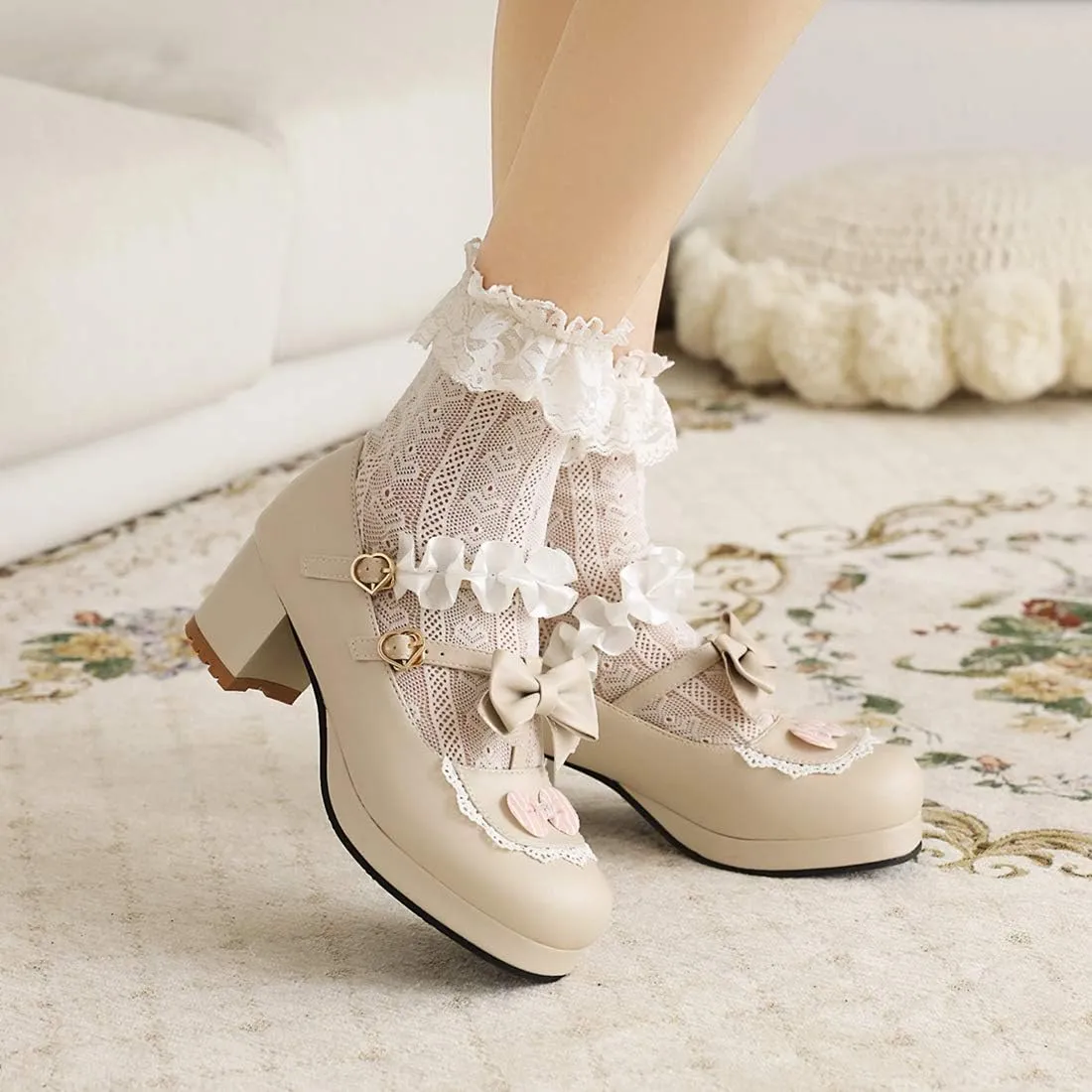 VOKLIN Women's Girls Lolita Mary Jane Shoes Sweet Bow Lace Ankle Strap Platform Mid Heel Oxford Dress Pumps