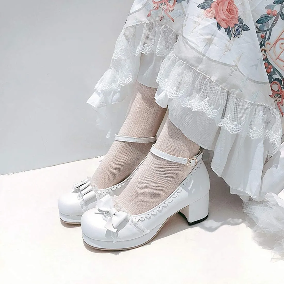 VOKLIN Women's Girls Lolita Platform Mary Jane Pumps Sweet Bow Ankle Strap Block Mid Heel Oxford Dress Shoes