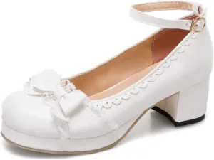 VOKLIN Women's Girls Lolita Platform Mary Jane Pumps Sweet Bow Ankle Strap Block Mid Heel Oxford Dress Shoes