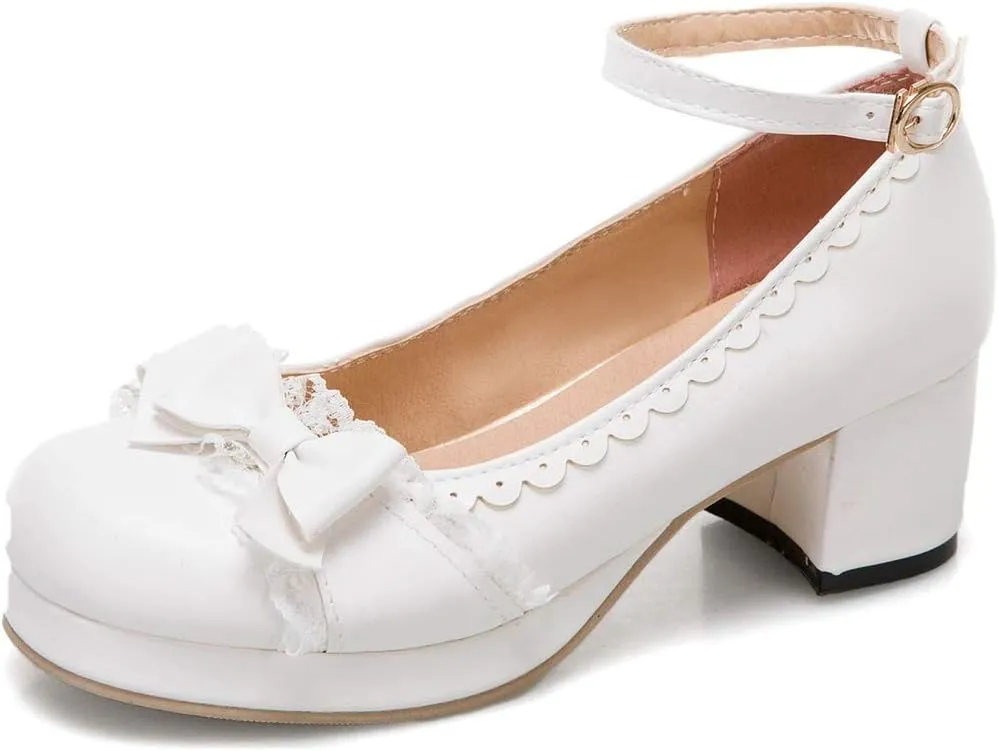 VOKLIN Women's Girls Lolita Platform Mary Jane Pumps Sweet Bow Ankle Strap Block Mid Heel Oxford Dress Shoes