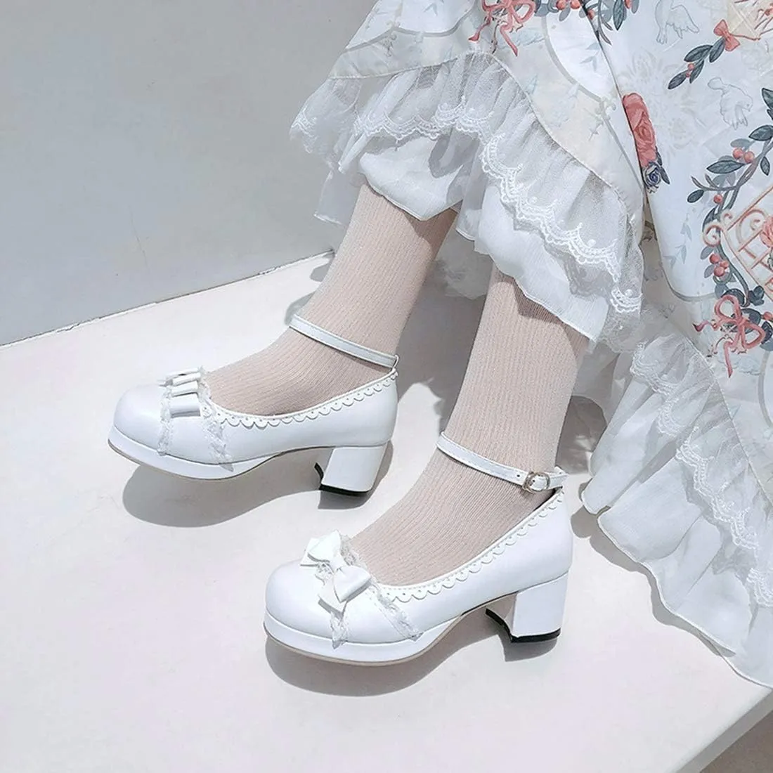 VOKLIN Women's Girls Lolita Platform Mary Jane Pumps Sweet Bow Ankle Strap Block Mid Heel Oxford Dress Shoes