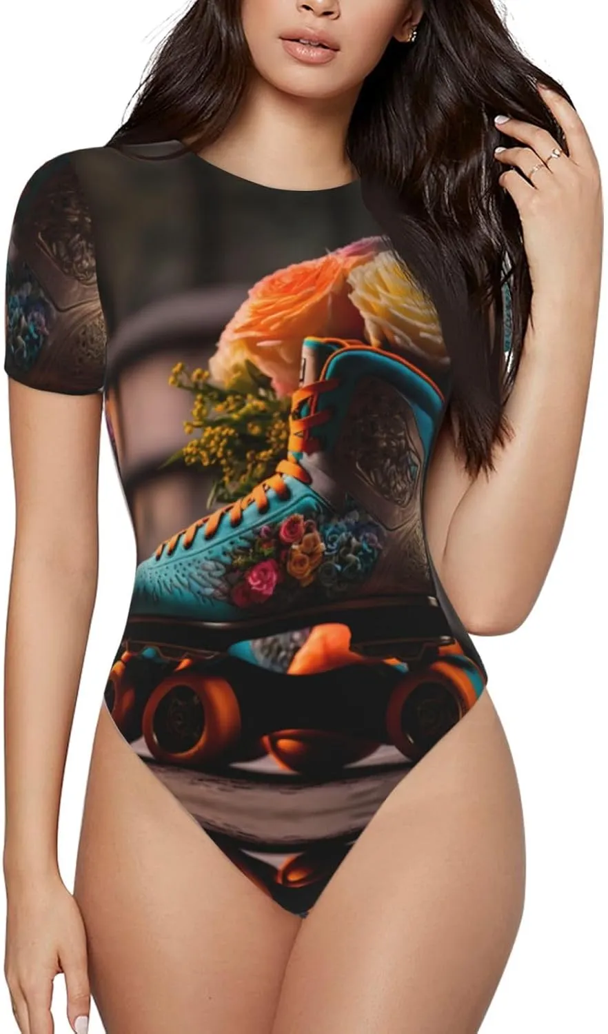 VOSERY BodySuits for Women, Classic Floral Blue Skate Shoes Round Neck Basic Womens Short Sleeve Body Suit T Shirt Tops