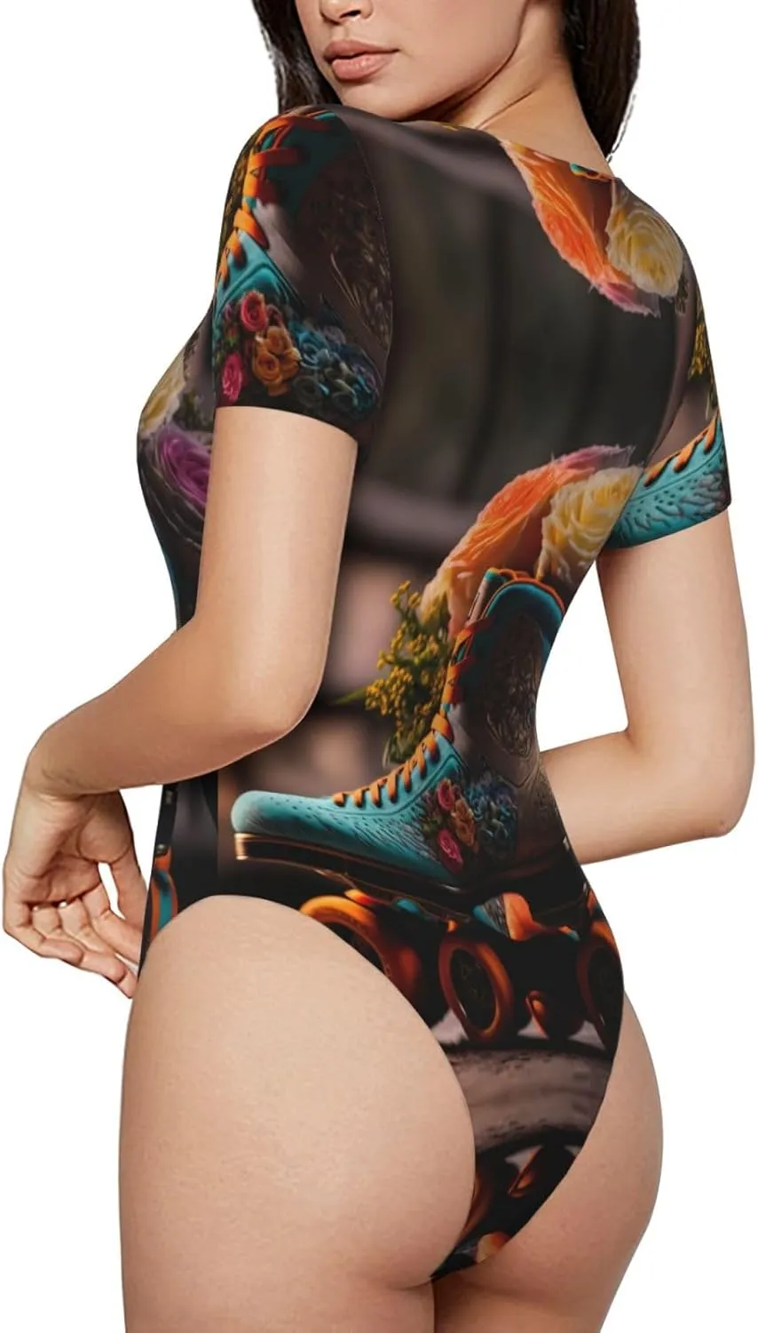 VOSERY BodySuits for Women, Classic Floral Blue Skate Shoes Round Neck Basic Womens Short Sleeve Body Suit T Shirt Tops